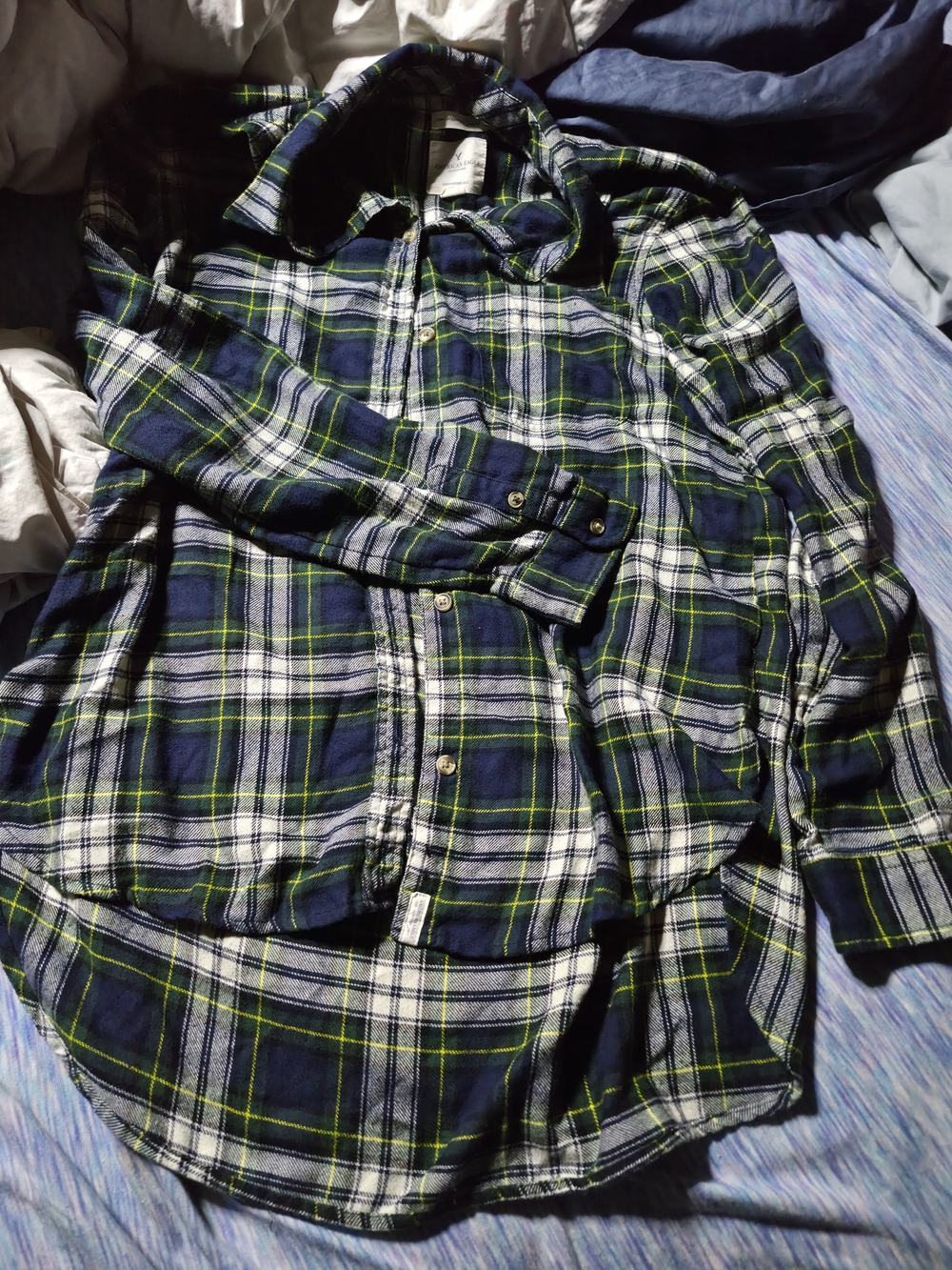 American Eagle Outfitters Navy, Green & White Plaid Button-Down Shirt